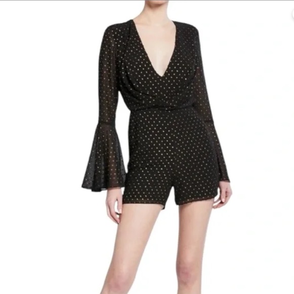 Jay Godfrey Colette Bell Sleeve Romper NWT Black and Gold Size 6 - Picture 1 of 6